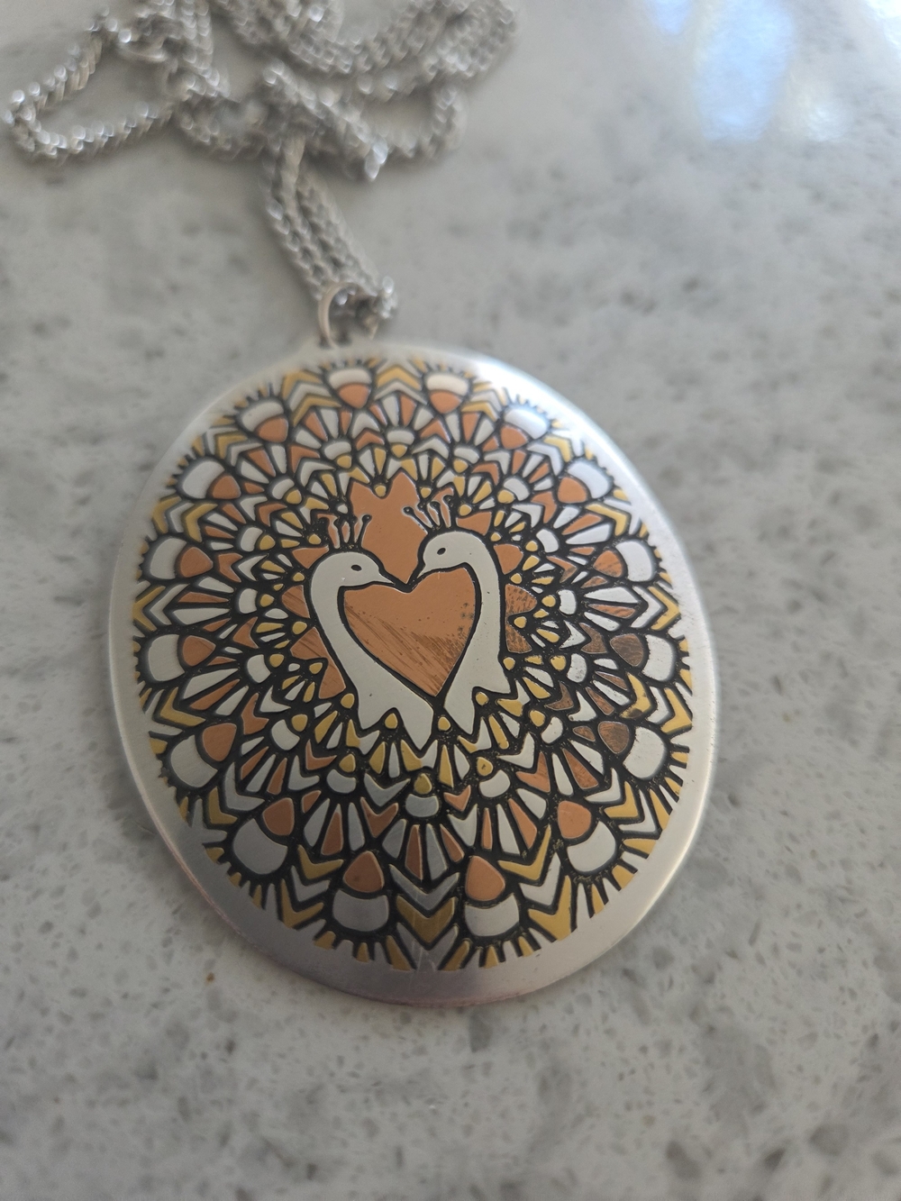 Vintage Reed & Barton Damascene‎ Silver Tone Peacock Love Bird Necklace